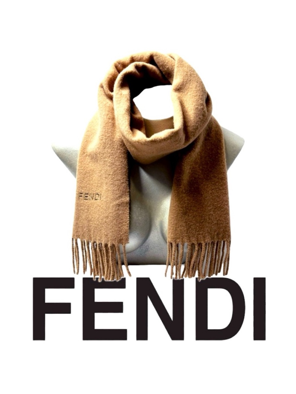 FENDI | Wool Camel Brown Tan Tassel Fringe Scarf Wrap Pashmina